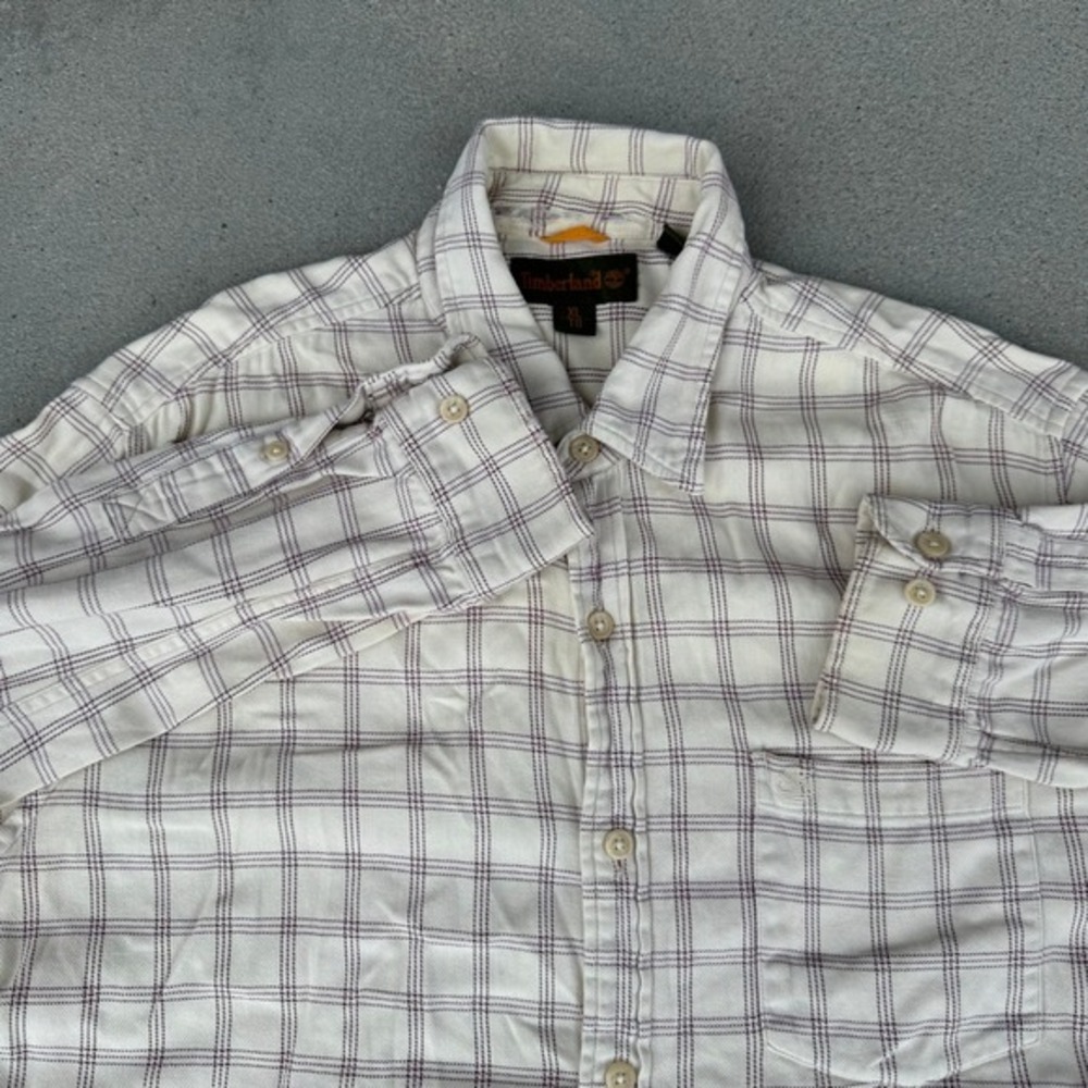 Timberland Mens XL Plaid Button Down Shirt Cream Long Sleeve Cotton